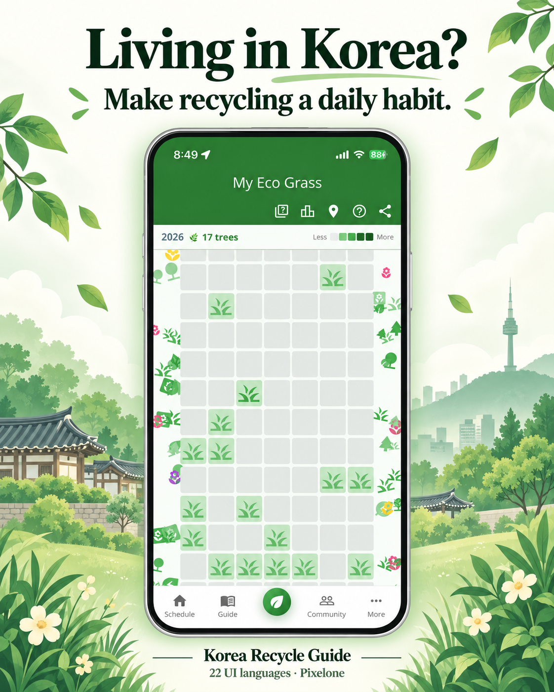 Korea Recycle Guide promotional image showing the My Eco Grass screen