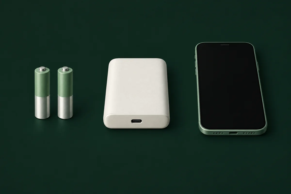 Batterie integre, un power bank e un telefono mostrati separatamente