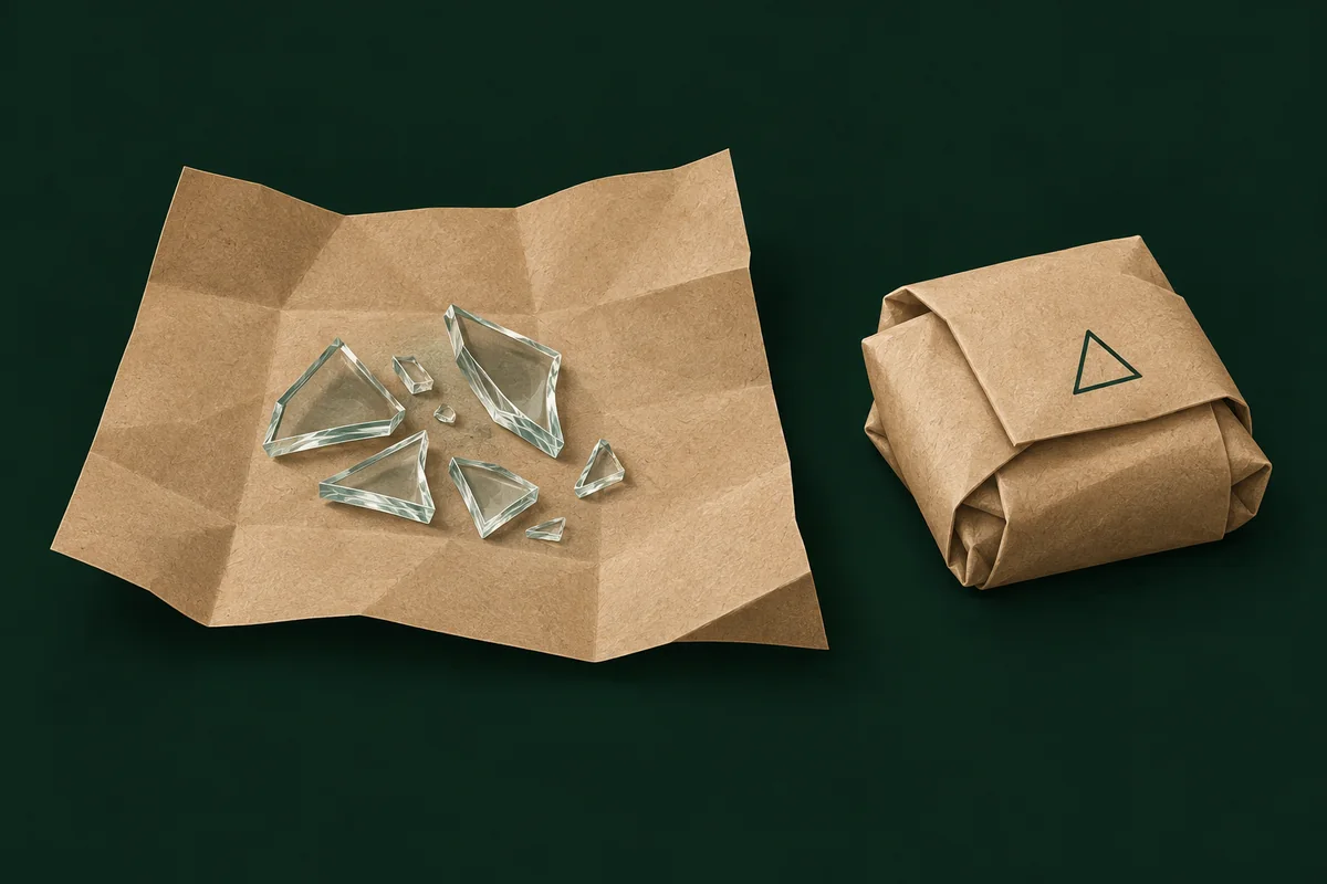 Glasscherben mit dickem Papier geschützt und mit Warnhinweis versehen