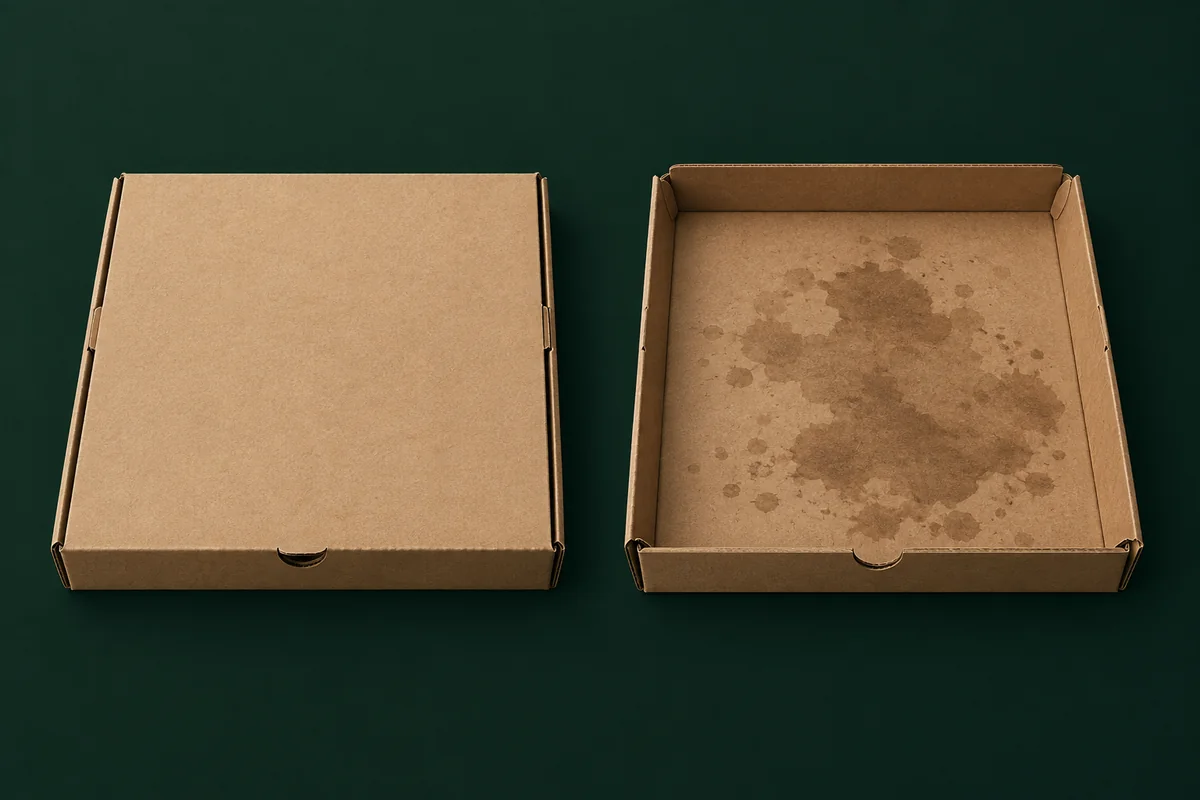 Partes limpas e manchadas de gordura de uma caixa de pizza mostradas separadamente